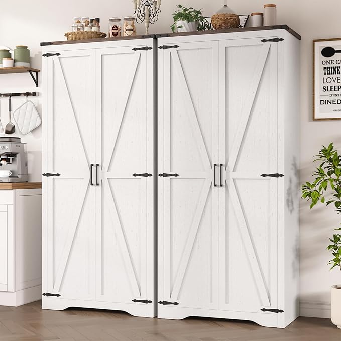 69" Tall Storage Cabinet with Adjustable Shelves, Farmhouse Pantry Organize with 2 Barn Doors, Large Freestanding Cabinet for Kitchen, Garage, Basement, Living, Utility Room, Off-White
