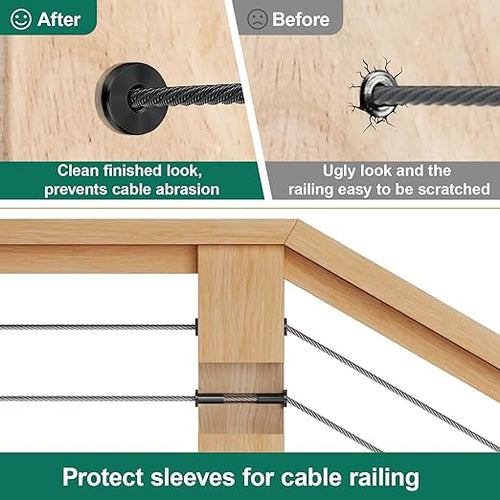 120 Packs Cable Railing Protector Sleeves Stainless Steel Protective Sleeves Deck Cable Railing Hardware Kit Invisible Cable Sleeves for 1/8" Cable Railing System for Wood Composite Posts