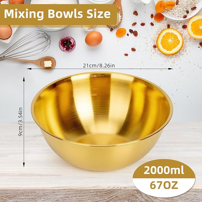 3-Piece Stainless Steel Golden Mixing Bowls (8.26") Metal Bowl with Measurement Marks, Dishwasher Safe & Stackable - Perfect for Baking, Salad Making, Meal Prep