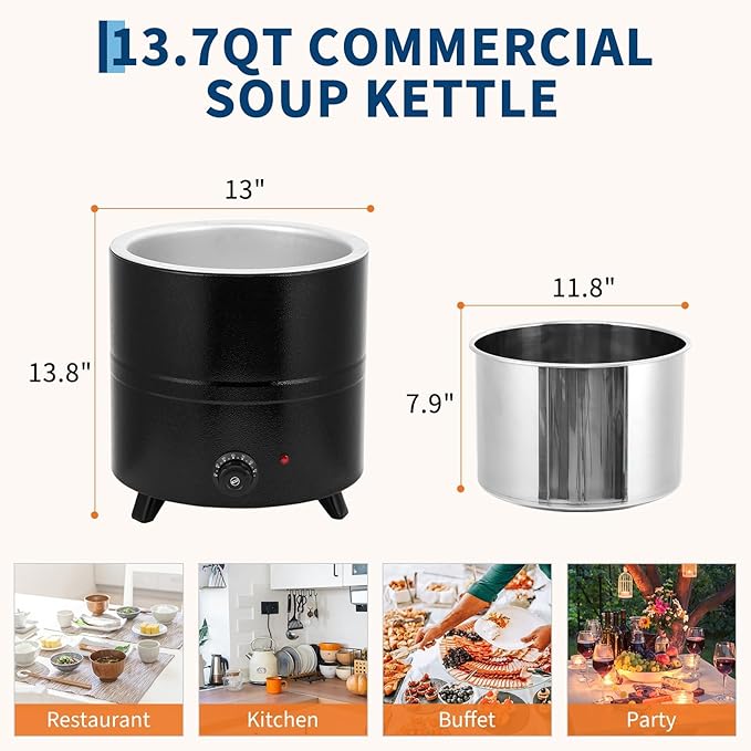13.7QT Electric Soup Warmer Kettle - Commercial Detachable Insert Soup Pot with Adjustable Temperature, Hinged Lid & Multi-Food Use (Soup/Porridge/Dishes/Milk), Black for Restaurant/Buffet