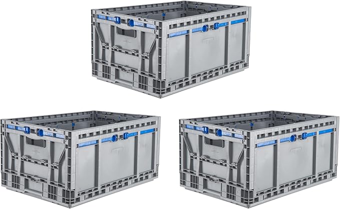 Hudson Exchange 23.62 x 15.75 x 11.81" (15.2 Gallon, 3 Pack) Collapsible Straight Wall Handled Storage Container Tote, Gray