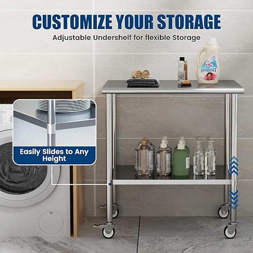 Stainless Steel Work Table with Wheels, 30x36 Inch NSF Kitchen Prep Table with Adjustable Undershelf for Commercial Restaurant, Garage, Outdoor BBQ