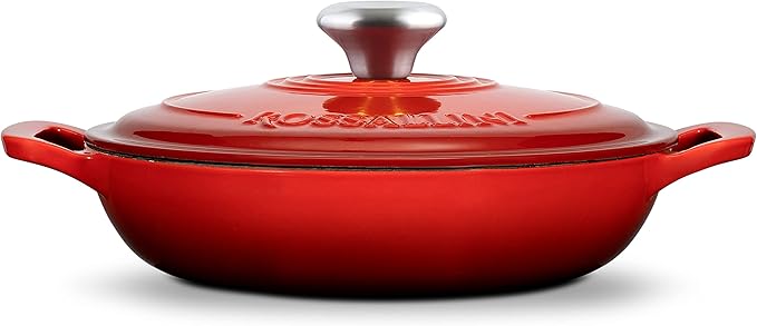 Signature Enameled Cast Iron Braiser, Non-Stick Serving Pot with Tight Fitting Lid for Perfect Roasting, Baking, Sauteing, Searing, and Pan Frying | 5Q (4.7L) - Red