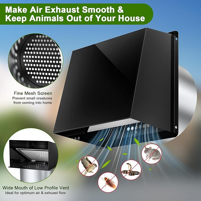8 Inch Hooded Wall Vent, Dryer Wall Vent Cover Outside with Screen and Damper, Wall Exhaust Vent Cover, Outdoor Air Vent Cap for Range Hoods/Kitchen/Bathroom/Laundry/Basements/Garages, Black