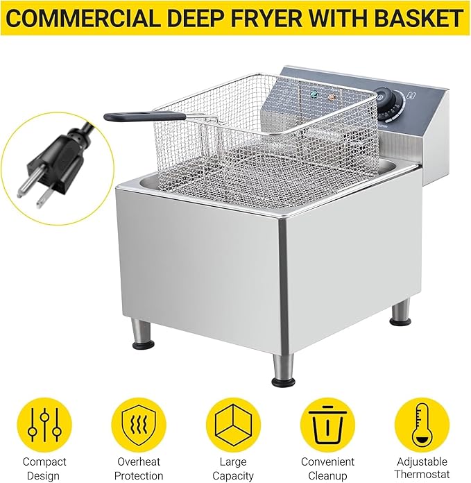 TROPOW 11L Commercial Deep Fryer | 304 Stainless Steel Electric Countertop Fryer with XL Basket & Lid | 1700W 110V for Restaurant & Home Kitchen