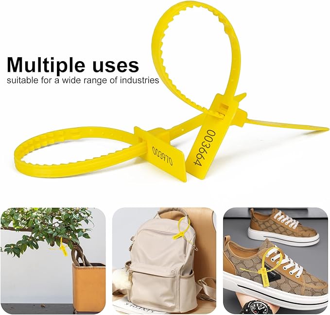 HD Plastic Self-Locking Tamper-Evident Shipping Seals - Numbered Security Tags - Yellow, 100 PCS (337 mm / 13.2")