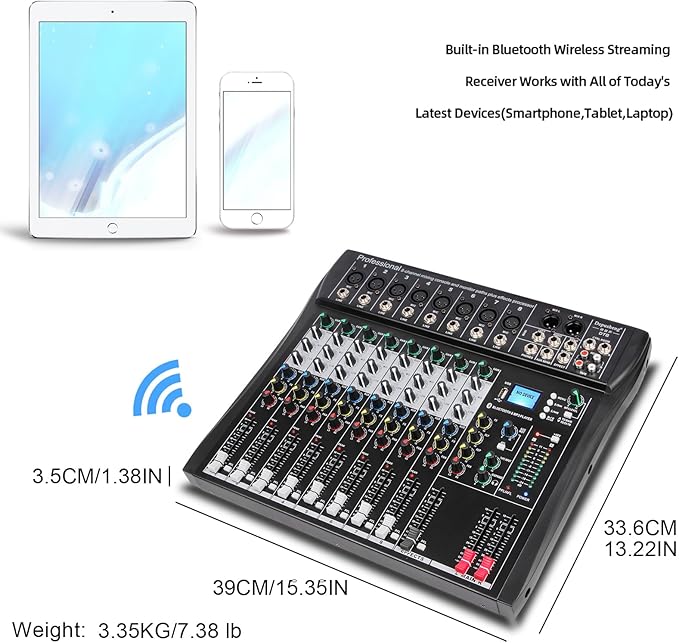Depusheng DT8 Professional Mixer Sound Board Console 8 Channel Desk System Interface Digital USB Computer MP3 Input 48V Phantom Power Stereo DJ Studio FX Steel Chassis,Black