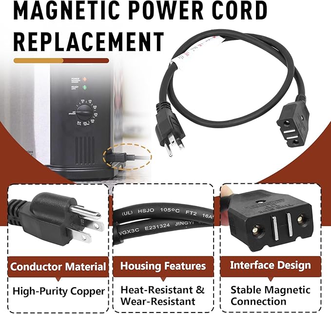 Break-Away Magnet Power Cord, Compatible with Masterbuilt 10L XL Electric Fryer, Safety Magnet Deep Fryer Cord Replacement Accessory, Compatible with Electric Fryer Models MB20012420 and MB20010326