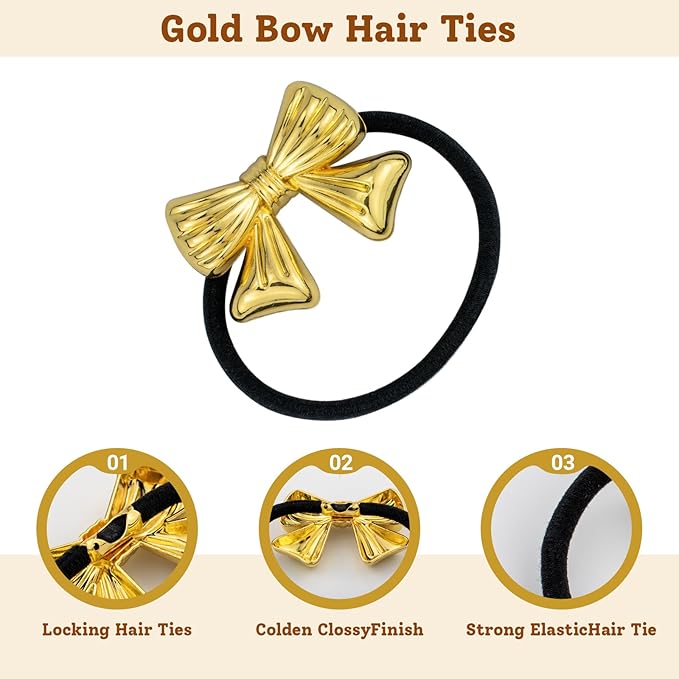 3PCS Gold Bow Hair Ties - Polished Metal Hair Cuffs, Elegant Ponytail Holders with Bow Shapes