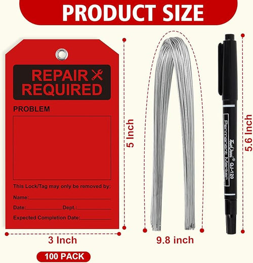 100 PCS Waterproof Repair Required Tags Red Repair Tags with Wire 3x5 Inch Service Tag Plastic Maintenance Required Tag with Iron Wire & Pen for Equipment Maintenance Service