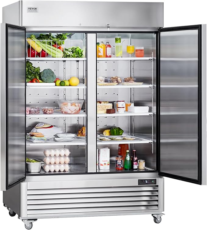 VEVOR Commercial Refrigerator 44.21 Cu.ft, Reach In 54.4" W Upright Refrigerator 2 Doors, Auto-Defrost Stainless Steel Reach-in Refrigerator with 8 Shelves, 33 to 41℉ Temp Control, LED Light, 4 Wheels