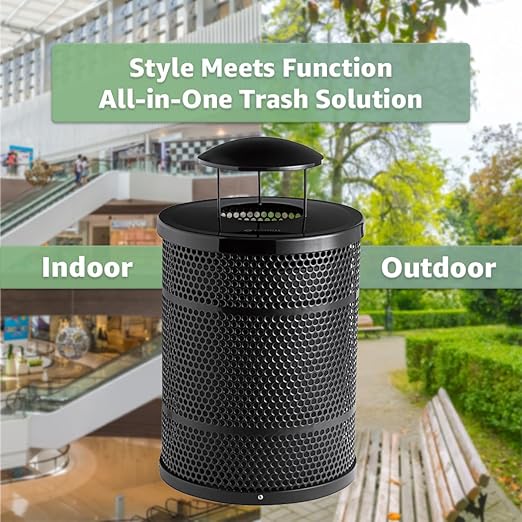 32 Gallon Perforated Recycle Container with Rain Bonnet Lid, Steel Outdoor Heavy-Duty Commercial Trash Can, Black Round Waste Bin, Durable Garbage Can for Municipalities, Schools, Parks, Parking