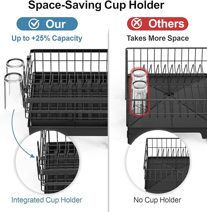 GSlife Expandable Dish Drying Rack for Kitchen Counter - Compact Rust-Resistant Dish Racks with and Cup Holder for Small Apartment, 12.2" W x 12"-19.5" L, Black
