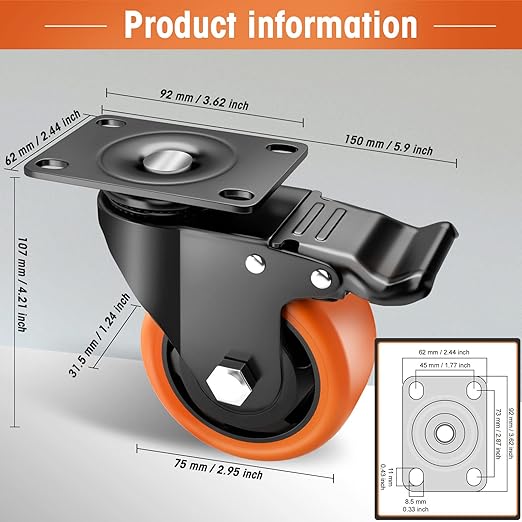 Casters, 3" Caster Wheels，Casters Set of 8 Heavy Duty - ASRINIEY Orange Polyurethane Castors, Top Plate Swivel Wheels, 8-Pack Industrial Casters with Brake, Locking Casters for Furniture and Workbench