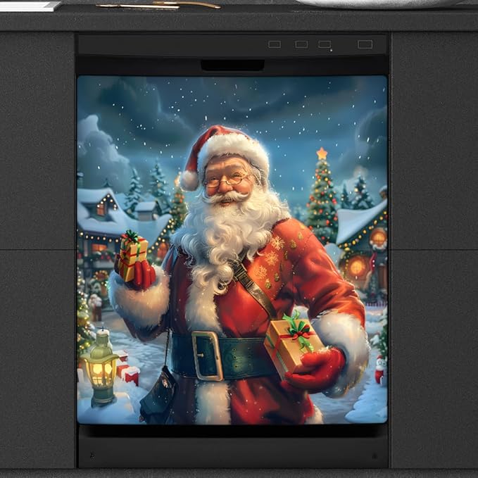 Cute Snow Scene Santa Claus Dishwasher Magnet Cover, Reusable Refrigerator Panel Stickers Microwave Front Door Covers Magnets for Kitchen Home Appliances Holiday Party Decorations 23 X 26 in
