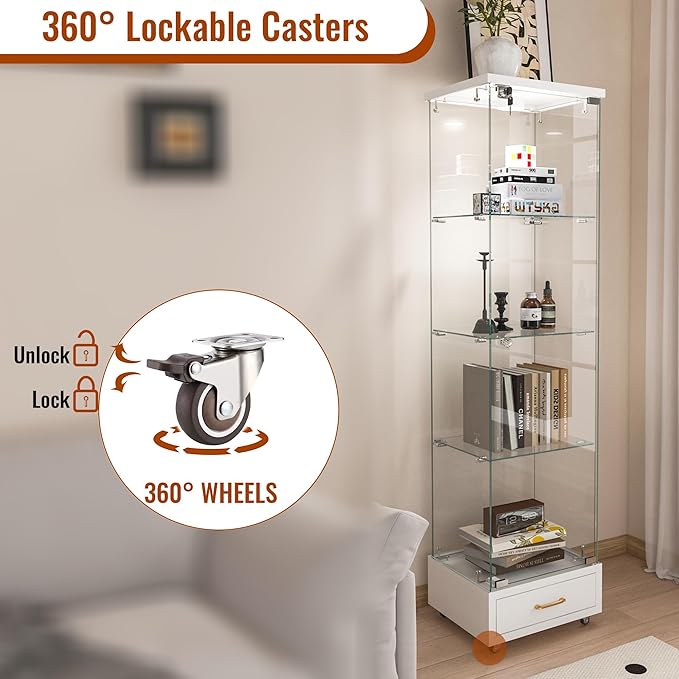 Yoluckea 4 Tiers Glass Display Cabinet with LED Lighting and Drawer, 1 Door Floor Standing Curio Cabinet with Wheel for Home, Office, Corner Display, White Glass Bookshelf for Collections and Decor