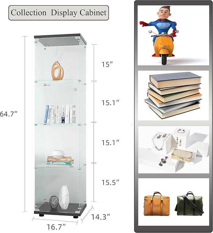 Frameless Glass Display Cabinet, Curio Cabinet with Lock and Glass Door, Floor Standing Showcase Display Shelf for Collectibles, Legos, Figures, Plants