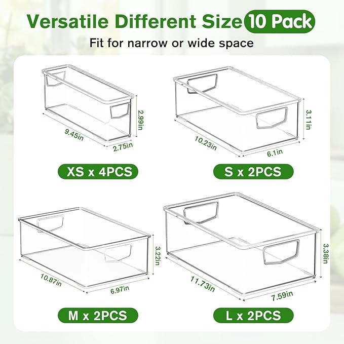 10 Pack Fridge Organizer Bins, Freezer Organizer Clear Stackable Storage Bins with Handles for Pantry, Cabinets, Kitchen, Home Organization Must Haves