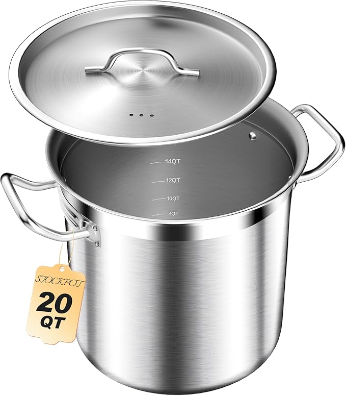 20 Quart Soup Pot with Lid – Stainless Steel Stock Pot, Heavy Duty Cooking Pot for Soup, Pasta, Stew – Induction & Oven Safe, Commercial & Home Use