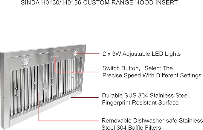SINDA 36 Inch Built-In/Insert Range Hood, 4-Speed 610 CFM, Stainless Steel Under Cabinet Range Hood Kitchen Vent Hood with Liner and Internal Motor, 6" Duct, Adjustable Lights, Baffle Filter