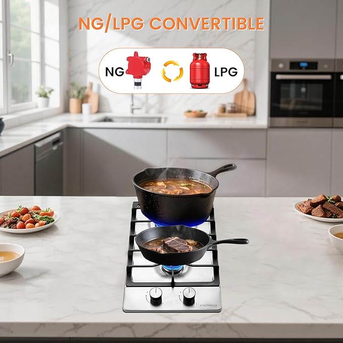 12 Inch Gas Cooktop, Stove Top, Stainless Steel Bulit-in Kitchen Stove, NG/LPG Convertible Gas Stovetop with Thermocouple Protection
