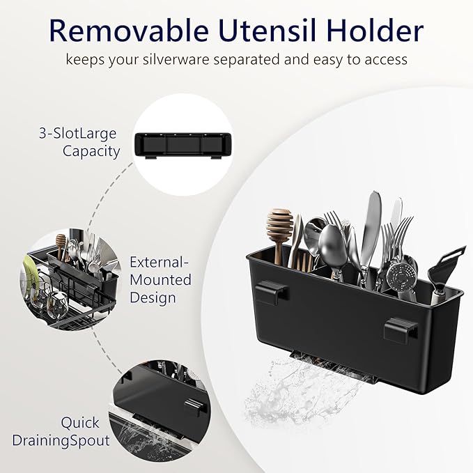 MIKEE 2-Tier Dish Drying Rack for Kitchen Counter, Expandable Rustproof Dish Drainer - Over The Sink Dish Drying Rack with 360° Rotating Drain, Kitchen Utensil Holder, Home and Kitchen Organization