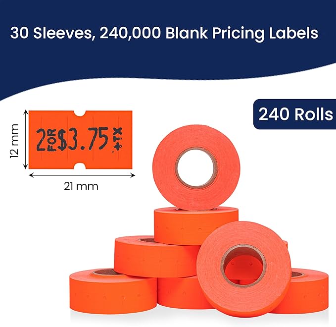 Perco 1 Line Fluorescent Red Labels - Case of 30 Sleeves, 240,000 Blank Pricing Labels for Perco Lite, X, Plus and Pro 1 Line Price and Date Guns