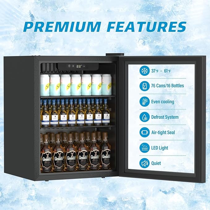 Stopasd Beverage Refrigerator Cooler, 1.6 Cu.Ft/70 Can Drink Fridge with Adjustable Shelves & Glass Door for Soda Wine Beer, Quiet Undercounter Small Fridge for Home/Office/Bar/Garage(37°-61℉), Black