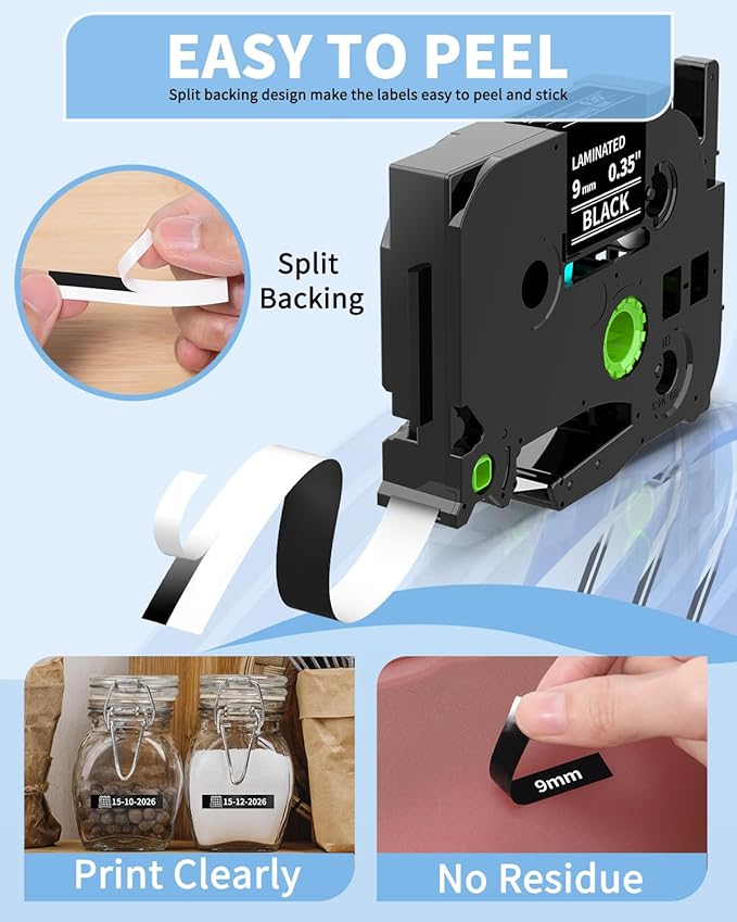9mm Label Maker Tape White on Black Replacement for Brother P Touch TZe TZ Label Tape 9mm 0.35" Laminated, Compatible with PT-D210 PT-D220 PT-H110 PT-D410 PT-D610BT, 3/8 in x 26.2 ft, 2-Pack
