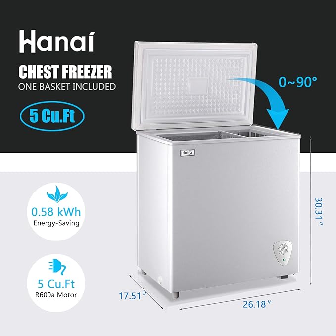 Chest Freezer Compact Deep Freezer WANAI 5.0 Cu.Ft for Garage Adjustable Temperature 7 Thermostat and Energy Saving Removable Basket for Garage Basement Dorm Apartment Kitchen Business