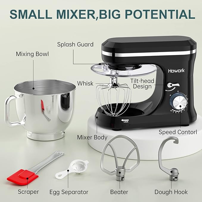 HOWORK Electric Stand Mixer,10+p Speeds Kitchen Mixer With 6.5QT Stainless Steel Bowl,Dough Hook, Wire Whip & Beater,for Most Home Cooks(Black)