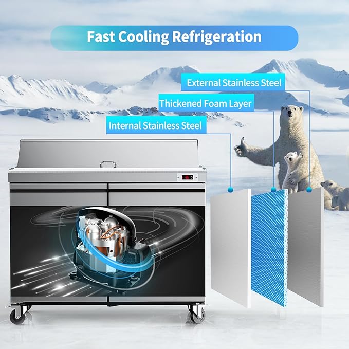 48“ Commercial Refrigerator Sandwich&Salad Prep Table Fridge with 12 Pans 2 Door Stainless Steel Counter Fan Cooling Refrigerators