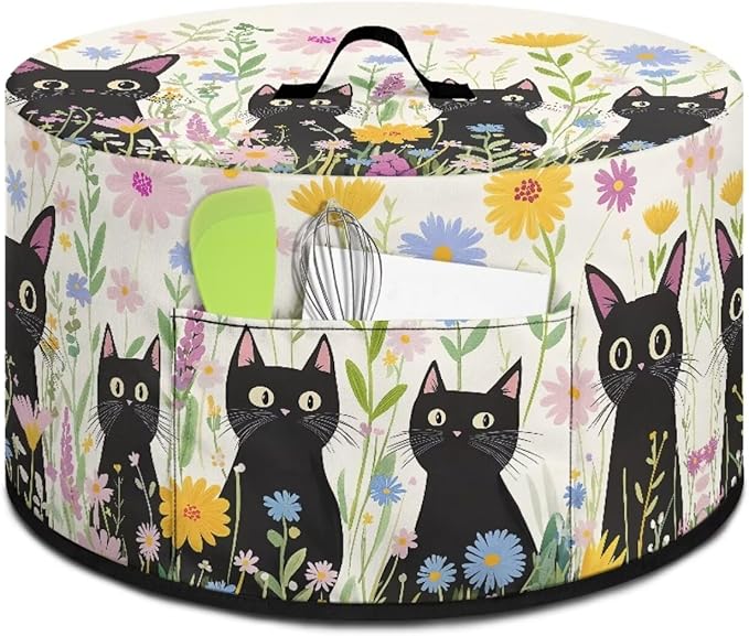 Black Cat Daisy Floral Print Slow Cookers Dust Cover Fit Most 6/7/8 Quart Crock Pot Stain Resistant Air Fryer Cover with Accessory Pocket and Handle Washable