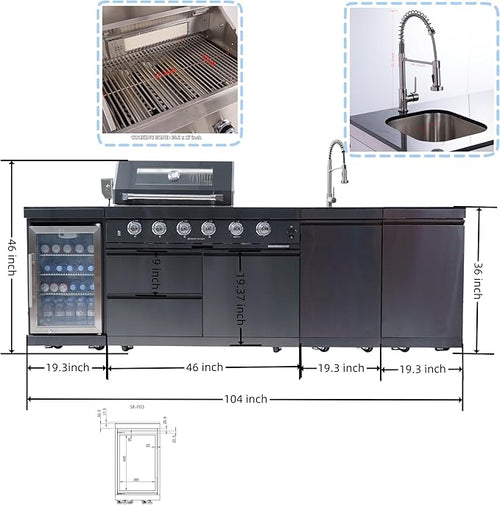 104 Inch Deluxe Stainless Steel Propane Gas Outdoor Kitchen Island Grill - 4-Burner 72000 BTU, 4 modular units for flexible and versatile combinations, Black