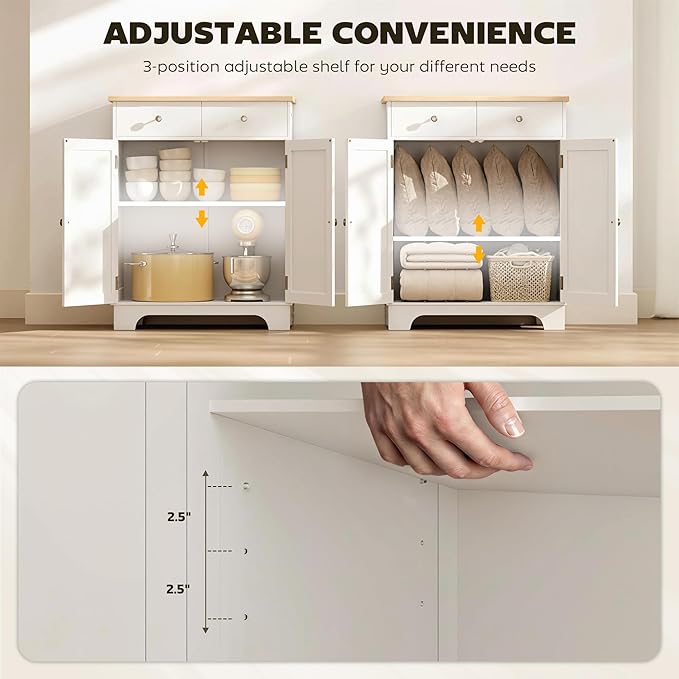 HOMCOM Sideboard Buffet Cabinet with Solid Wood Countertop, Modern Kitchen Storage Cabinet, Coffee Bar Cabinet with 2 Drawers, Doors and Adjustable Shelf, White