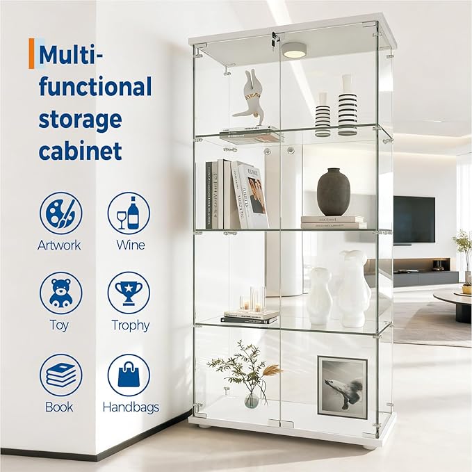 GarveeHome 4 Shelves Display Cabinet, Tempered Glass Curio Showcase with LED Light & Lock, Double Doors Storage Cabinet for Living Room Bedroom Office, White, 64x31.7x14.3 Inch