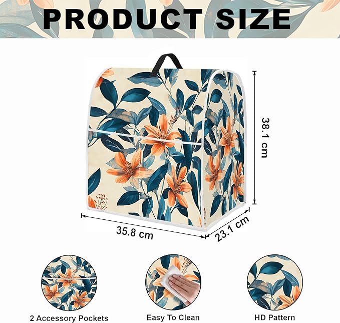 Stand mixer cover with handle and storage bag, reusable and washable, stylish retro floral design, keeps kitchen countertops clean and tidy (fits 6-8 quart mixers).