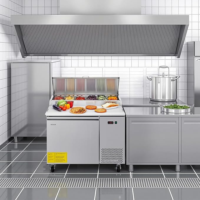 VEVOR Commercial Refrigerator, 44" W Pizza Prep Refrigerated Table, 19.3" Ultra Wide Countertop Food Prep Cooler, 11 Cu.Ft Single Door Salad Prep Fridge, 6 Pans Pizza Make Worktop with Cutting Board