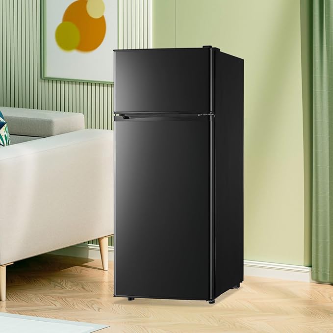 4.5 Cubic Feet Double Door Fridge with Top Freezer Large Capacity Refrigerator with 7 Temperature Control & 3 Removable Shelves Black