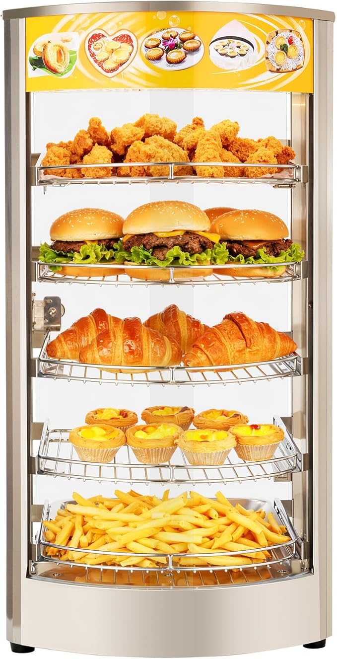 VEVOR 5-Tier Commercial Food Warmer Display, 800W Food Display Warmer with LED Light, Adjustable Shelf and Stainless Steel Frame, 86℉~185℉ Air Heating, 60L for Hamburger, Pizza, Bread, Fried Chicken