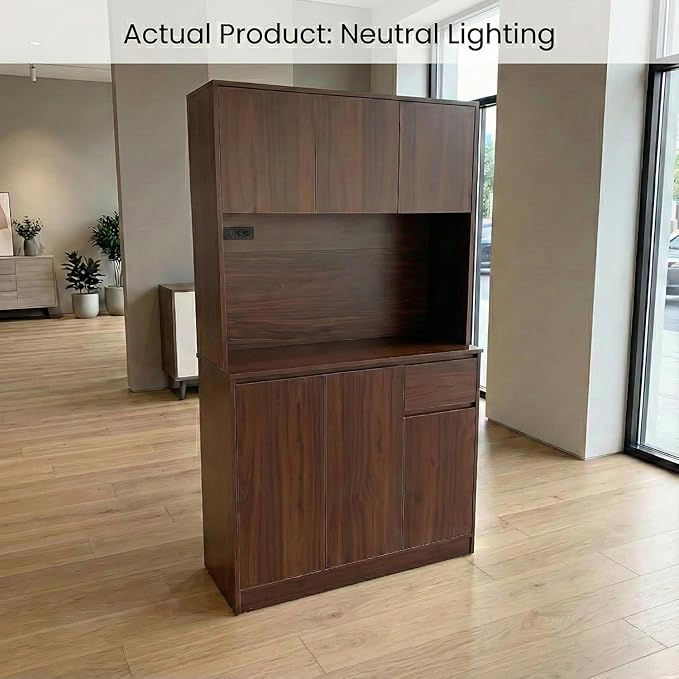 71" Tall Brown Kitchen Pantry Cabinet with 6 Doors & Power Outlet, Freestanding Storage Hutch with Countertop, Adjustable Shelves for Dining Room, Laundry Room
