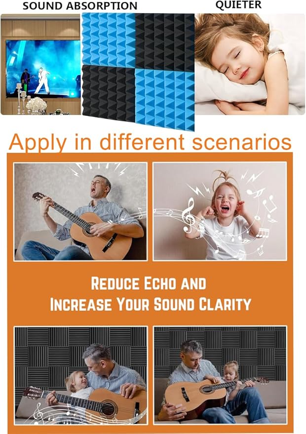 Sound Proof Foam Panels for Wall 24 Pack Acoustic Panels Sound Absorbing 2" X 12" X 12" Fire-Proofed Soundproofing Foam High Density Sound Dampening Panels for Room Studio Pyramid Blue Black