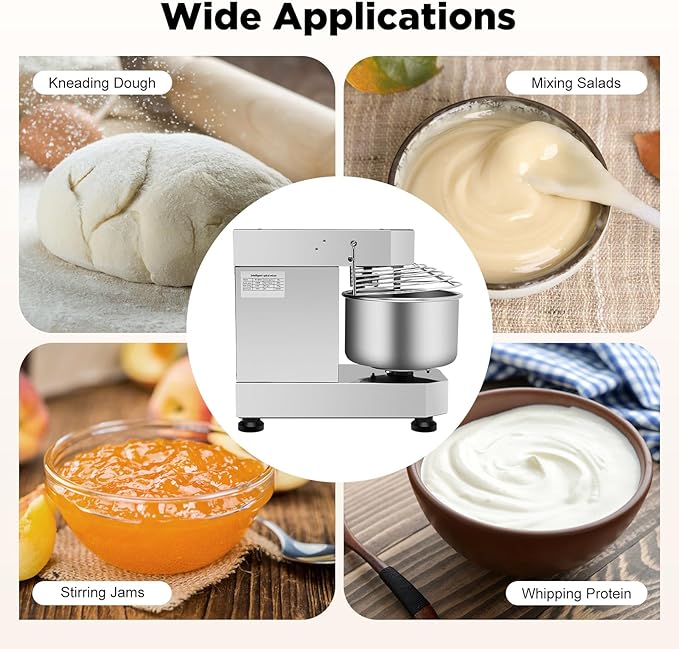 Commercial Food Mixer, 10L Electric Dough Mixer Machine, 750W 110V Dual Rotating Dough Kneading Machine With Stainless Steel Bowl & Security Shield for Bakeries Restaurants Pizzerias