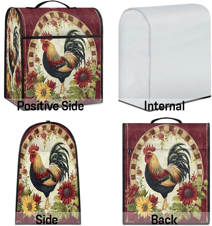 Kitchen Aid Mixer Cover Rooster Chicken Flower Vintage Stand Mixer Cover Compatible with 6-8 Quarts Stand Mixers, Dust Covers with Zipper Pocket Foldable Washable Kitchen Aid Organizer Bag