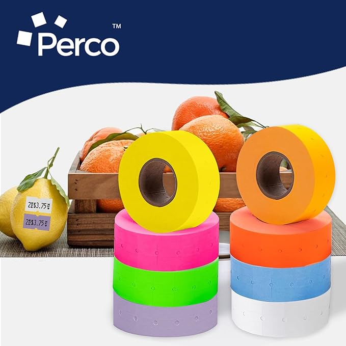 Perco 1 Line Multicolored Sleeve—8 Rolls, 1 Sleeve, 8,000 Labels for Perco Lite, X, Plus & Pro Guns—Includes White, Yellow, Blue, Lavender & Fluorescent Colors (Red, Green, Pink, Orange)—Made in USA