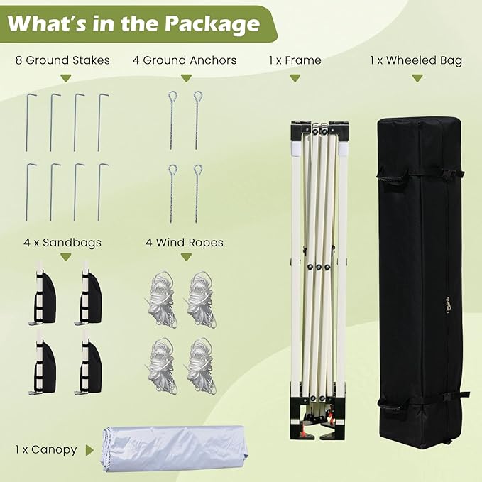 Tangkula 10x10 FT Pop Up Canopy, UPF50+ Easy Set up Instant Tent with Wheeled Bag, 8 Stakes, 4 Anchors, 4 Wind Ropes, 4 Sandbags, Heavy Duty Outdoor Canopy Tent 10x10 for Patio Party Backyard (White)