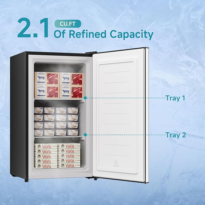 BANGSON 2.1 Cu.ft Upright Freezer, Compact Mini Freezer with Reversible Door, Adjustable Thermostat, Removable Shelves, Energy-Saving Small Freezer for Dorm/Office/Apartment, Silver