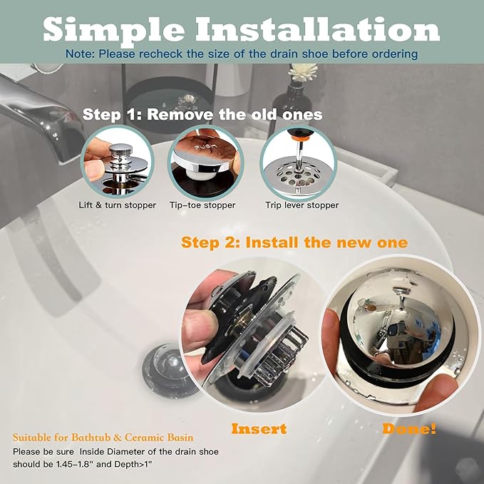 Kitchen Sink Drain Strainer 3 in 1, 304 Stainless Steel Pop Up Sink Stopper, Anti-Clogging Drain Stopper, Strainers for Kitchen, Drain Cover & Kitchen Accessories for US Standard Sink (Smooth Silver)