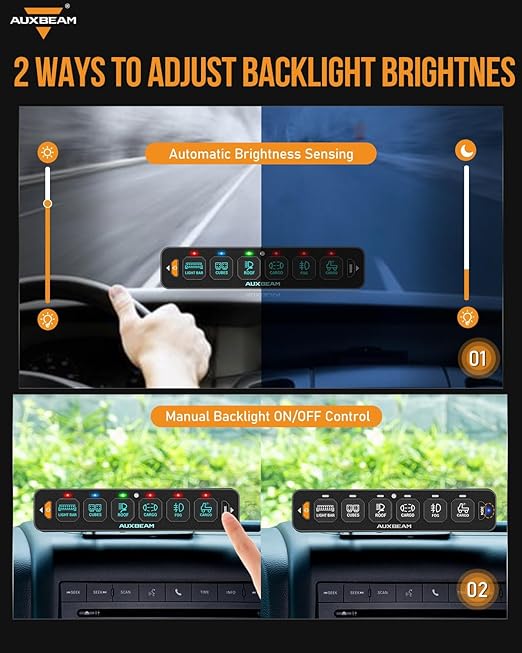 Auxbeam 6 Gang Slim Switch Panel RGB AS-R60 Automatic Dimmable Switch Panel with Toggle Momentary Pulsed Off Backlight Unique Patented Design Control Panel for Truck Offroad Boat, 2-Year Warranty