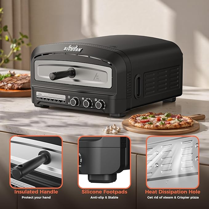 BIG HORN OUTDOORS Pizza Oven Indoor, 14" Electric Countertop Pizza Oven with 6 Modes, Heats up to 800°F Pizza Maker, Flip-Up Design Pizza Cooker for Home Kitchen, Restaurants, Parties